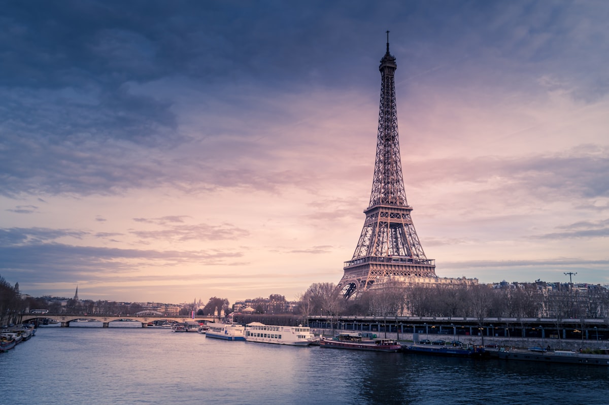 The Eiffel Tower and River Seine at sunset in Paris, France
