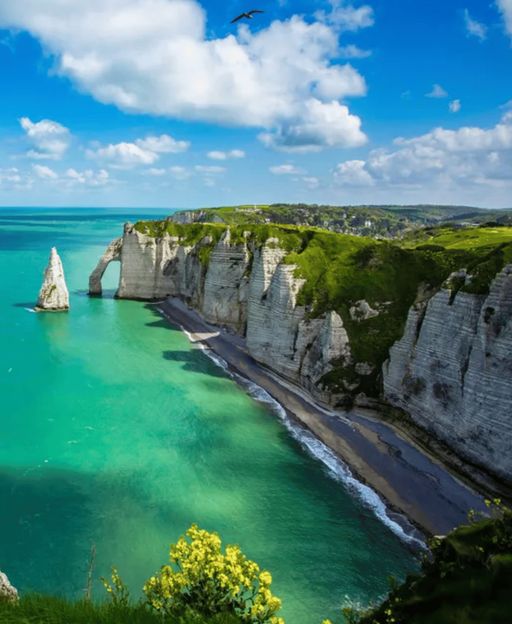 The chalk cliffs of Étretat in Normandy — the Atlantic coast of France that Acadian ancestors left behind