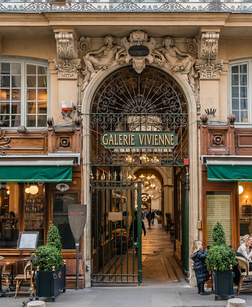 Ornate entrance arch of Galerie Vivienne, one of Paris's most beautiful covered passages couverts