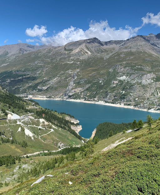 The Lac du Chevril reservoir in the French Alps — the Tignes valley flooded in 1952, swallowing an entire village beneath its waters