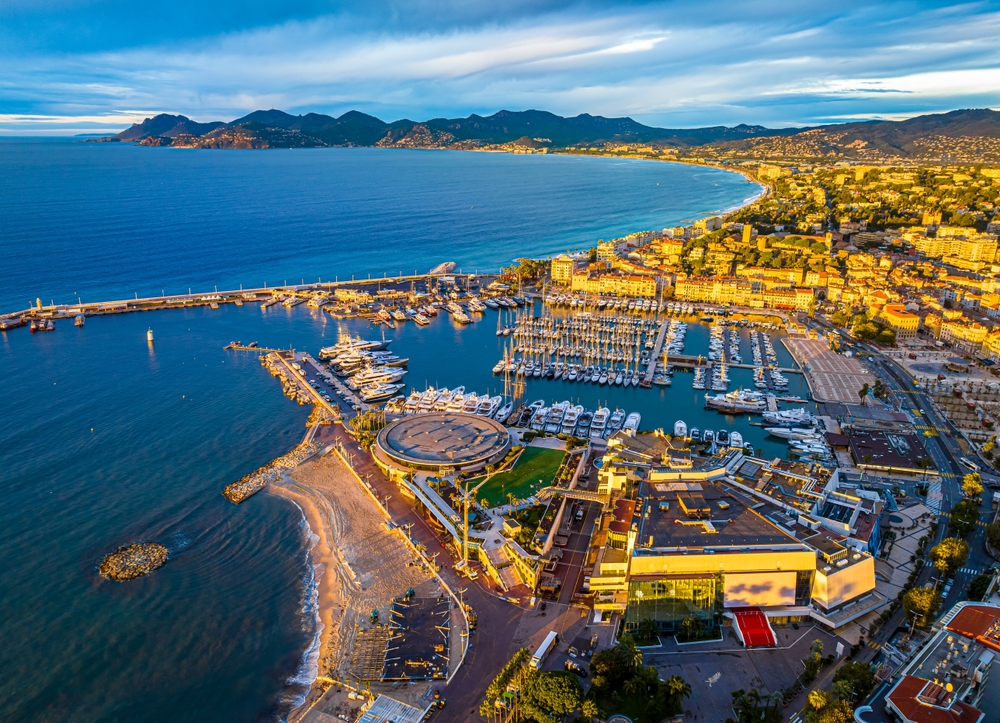 Aerial view of Cannes port and the French Riviera coastline