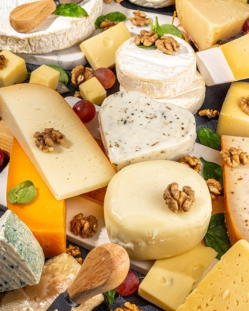 Assorted French cheeses with walnuts, herbs, and bread on dark surface