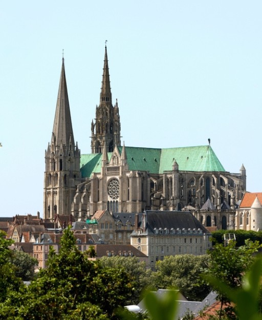 Chartres Cathedral with its two Gothic spires and green copper roof