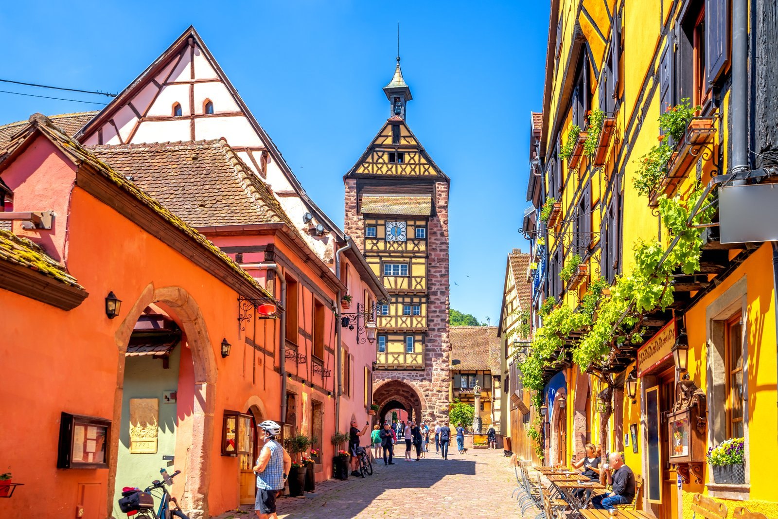 The Dolder Tower and half-timbered houses in Riquewihr, Alsace