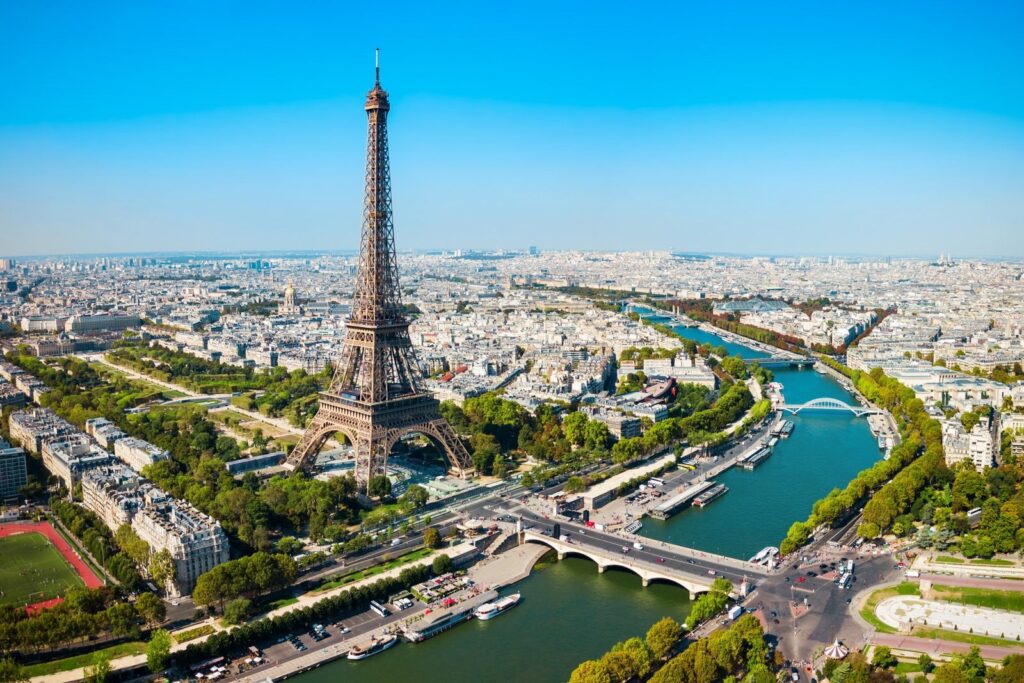 The Eiffel Tower and the Seine from above, Paris