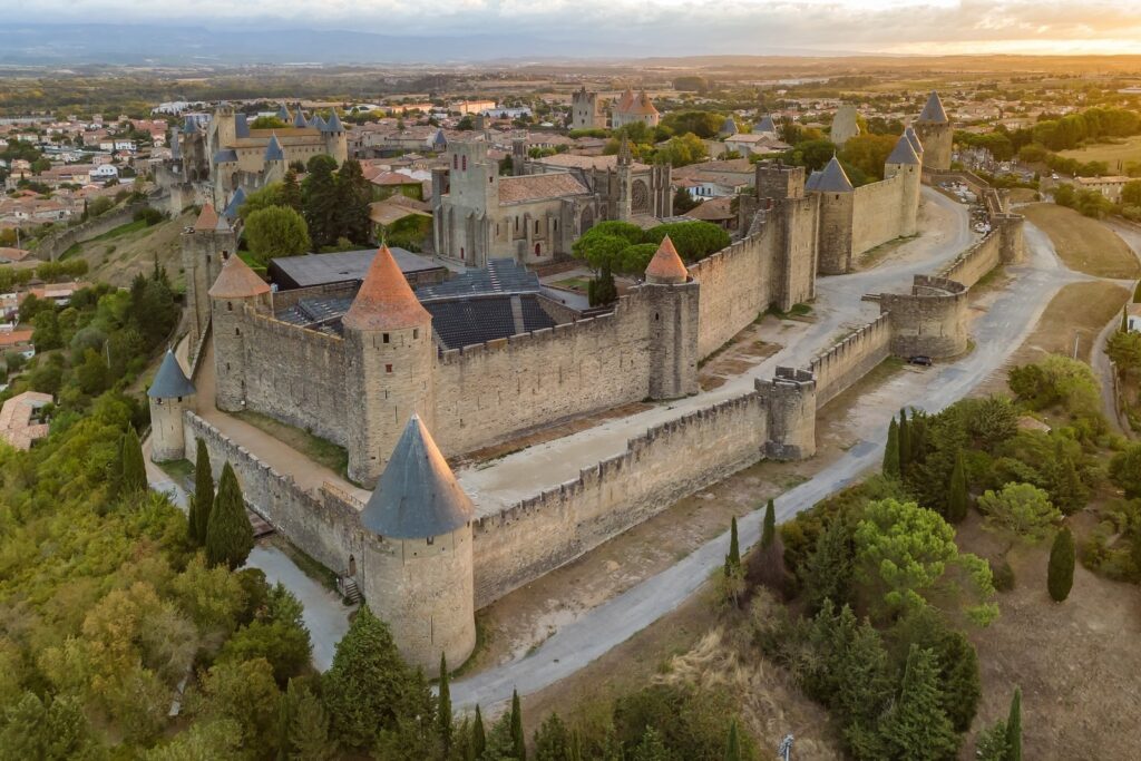 The walled Cité de Carcassonne and its towers from the air