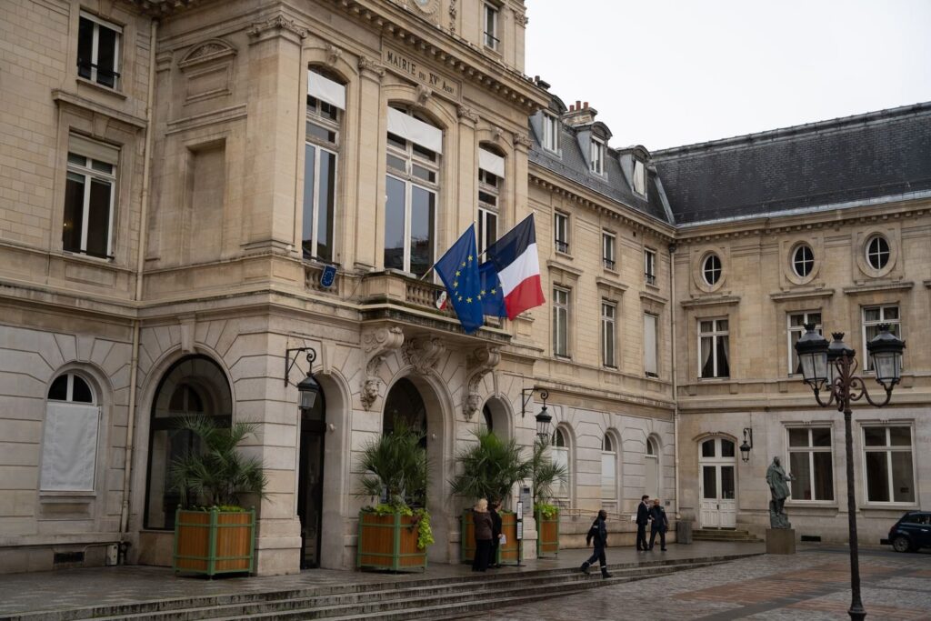 Public building with the French and EU flags in France