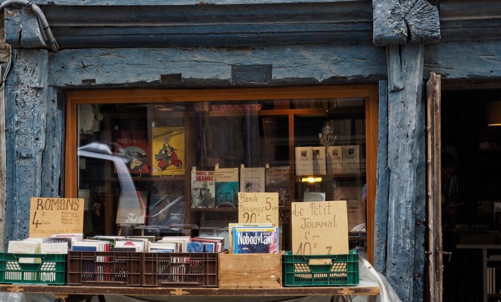 Bookshop window with French books for sale