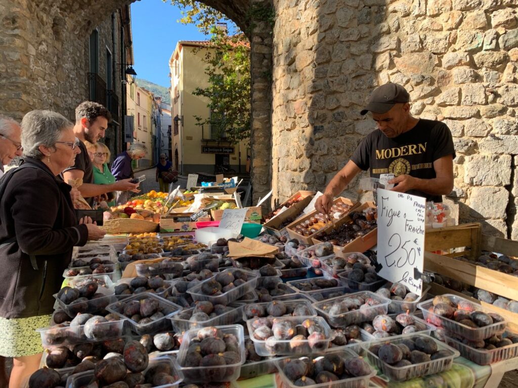 Shoppers at a fruit stall at a village market in France