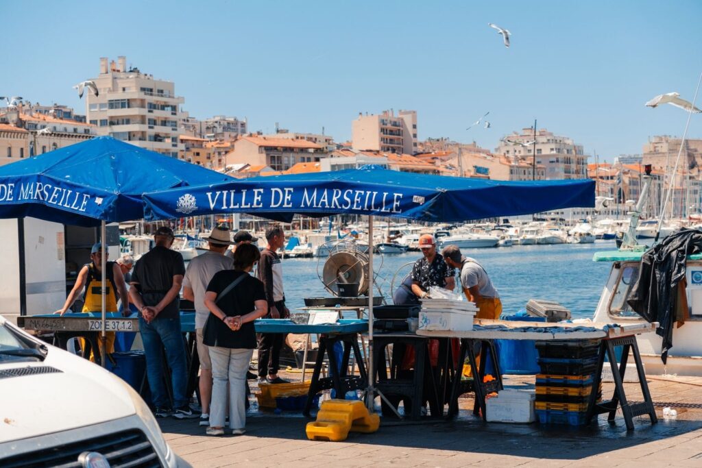 Fish stalls on the quay at the Vieux-Port in Marseille