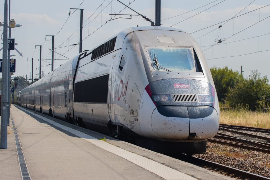 A TGV high-speed train at a station in France