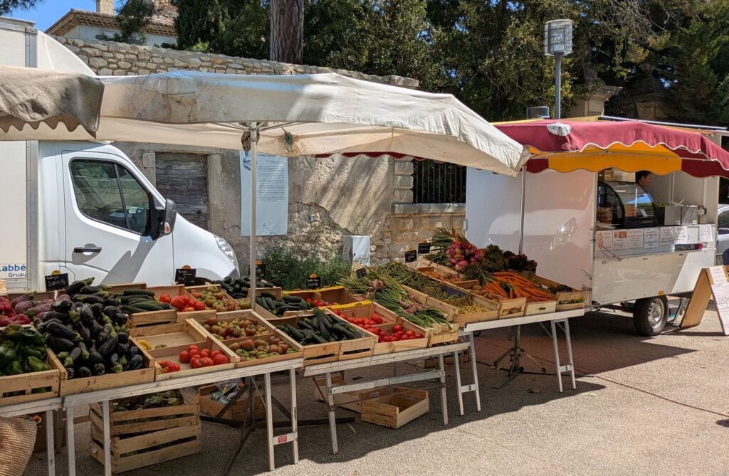 Vegetable stall at an open-air market in France