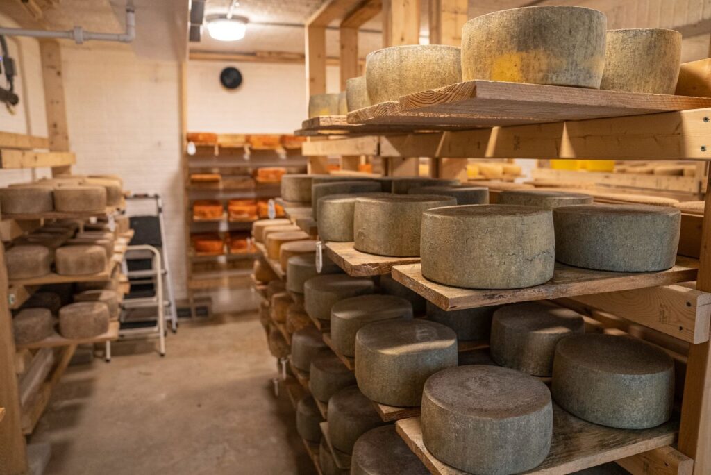 Wheels of hard cheese ageing on wooden shelves in a cheese cellar